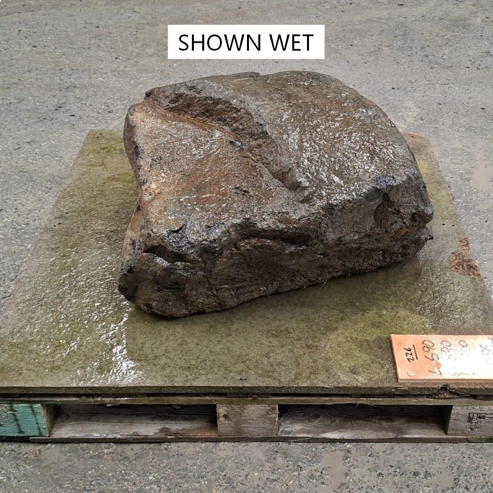 Garden stone boulder displayed on a pallet. The stone is shown wet, darkening the natural colout tones.