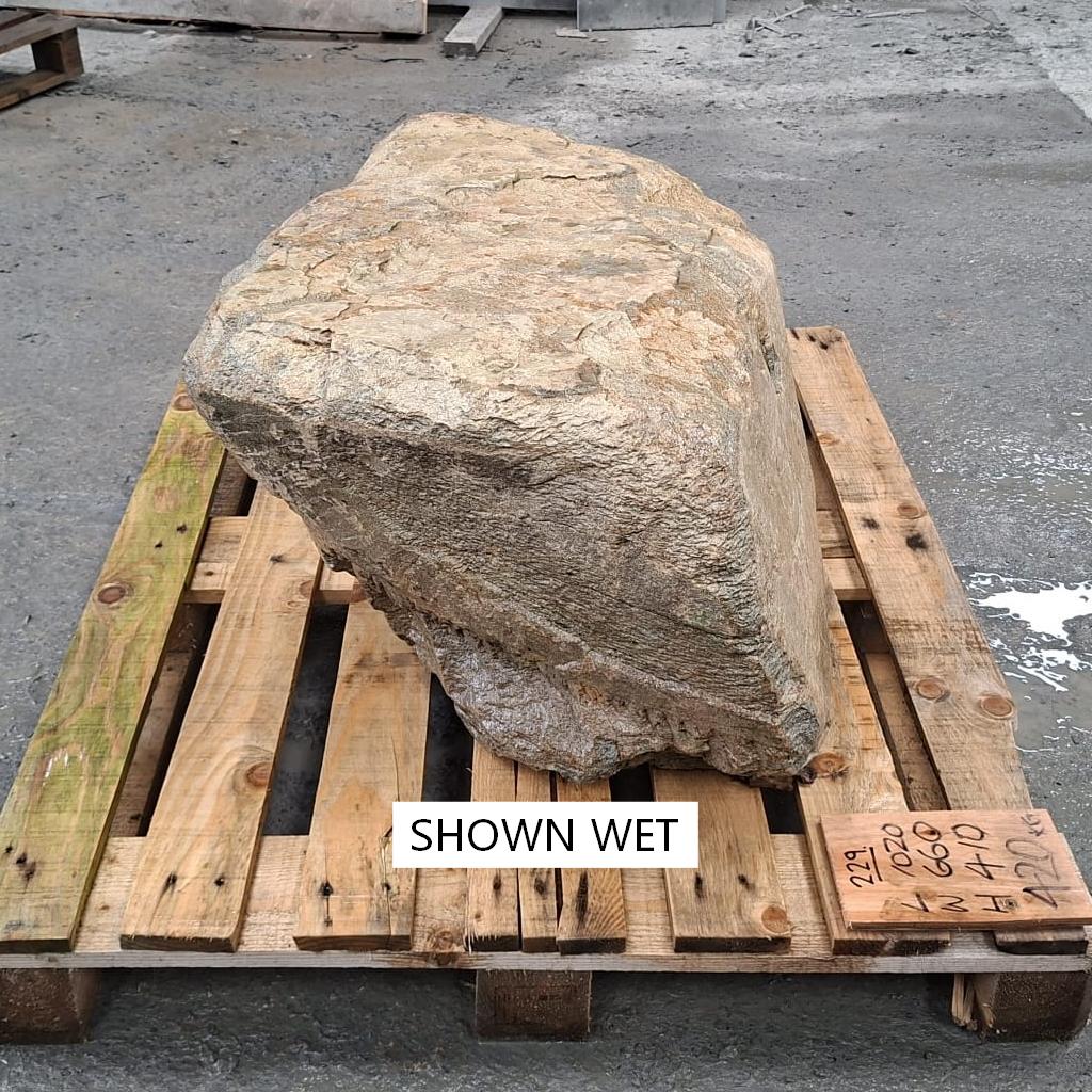 Unique stone boulder with natural colour tones on a wooden pallet. The stone is shown wet.