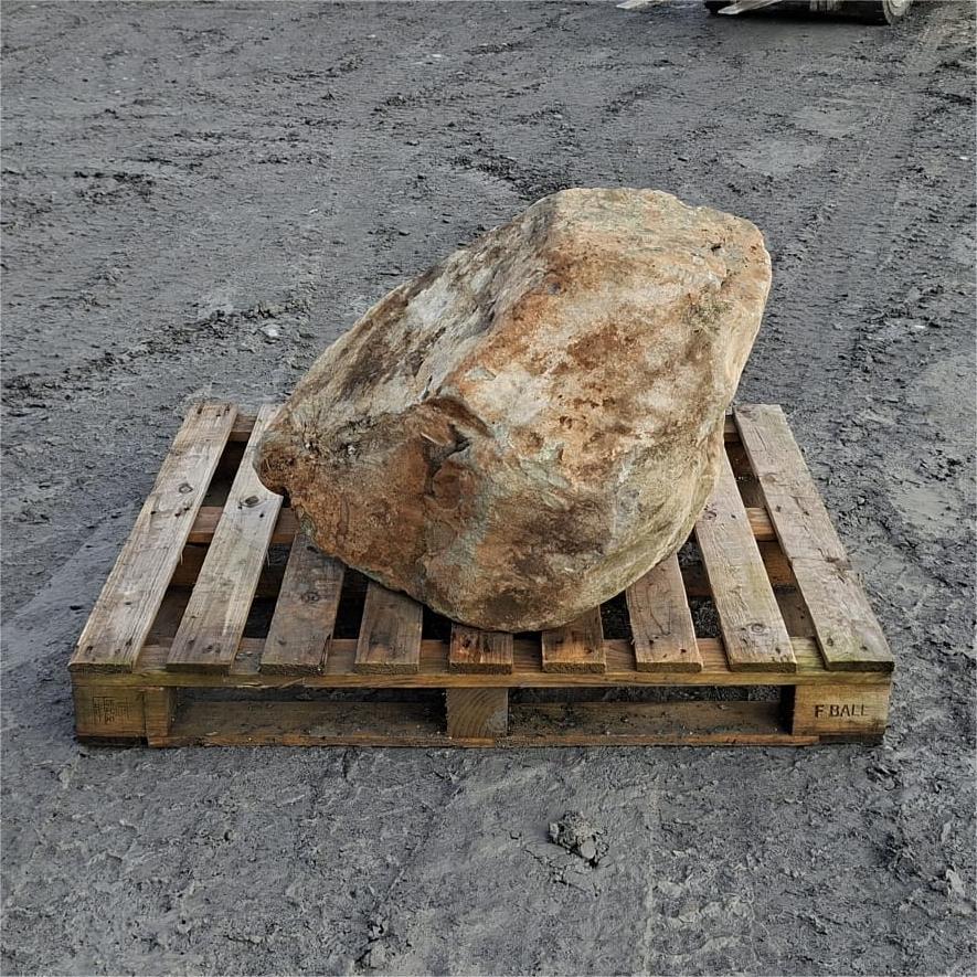 Glacial boulder showing a rounded rusty face with dark natural markings