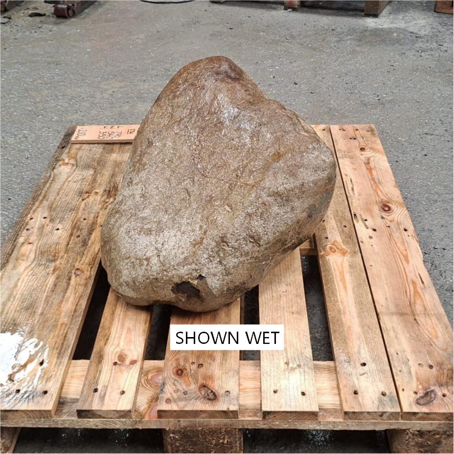 A large wet brown stone or boulder placed on a wooden pallet outdoors.