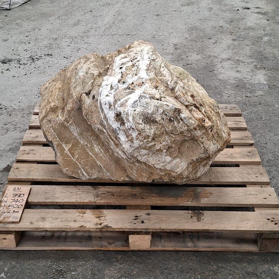A large natural glacial stone boulder with natural colour tones and white quarts inclusions.
