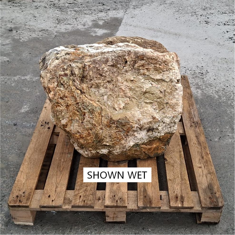 A large wet glacial boulder with a rough texture and varying natural colour tones.