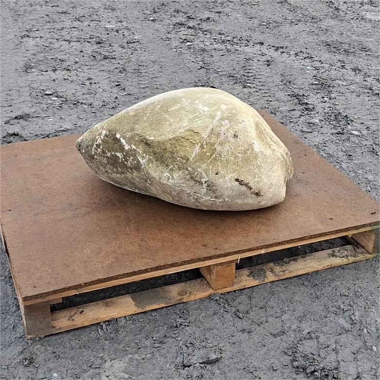 Low rounded glacial boulder with white markings across its broad face