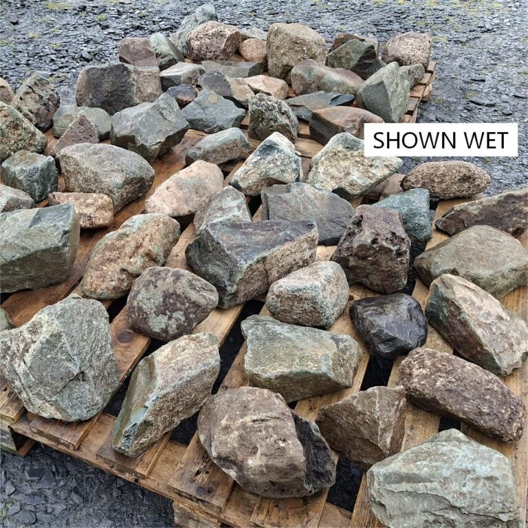 Wet mixed glacial stones laid out to show varied sizes and shapes