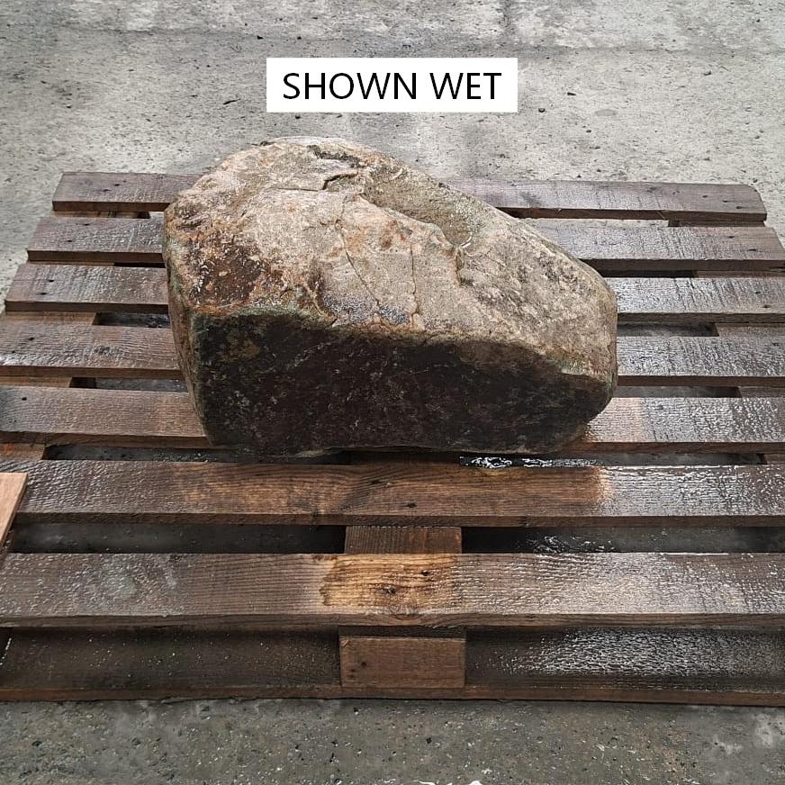 A wet boulder showing a dark brown or black straight edge resting on a wooden pallet outdoors.