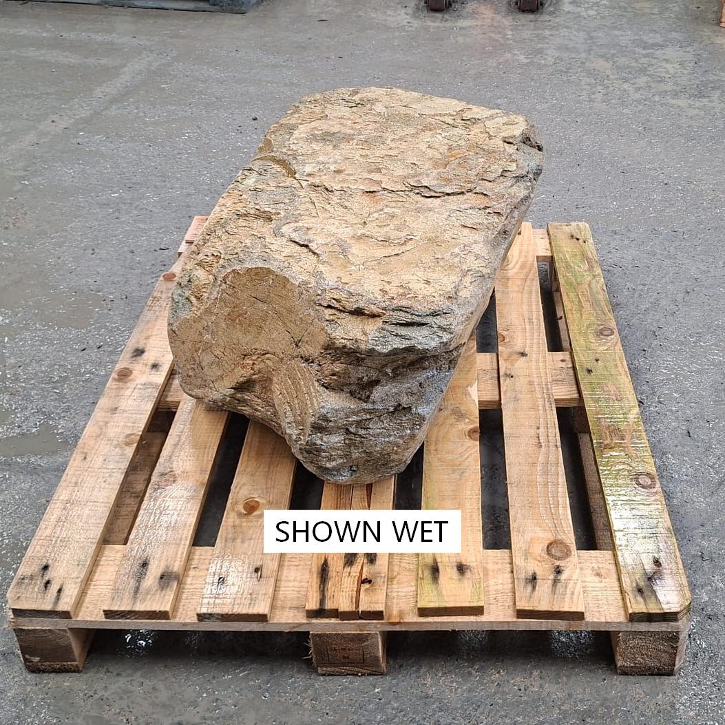 A large wet rock specimen with a rough, textured surface sits on a wooden pallet outdoors.