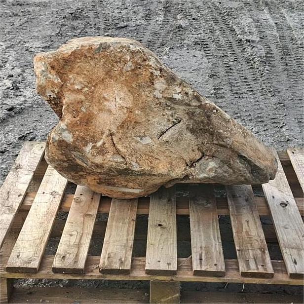 Angular glacial boulder with a rusty orange face and tapered grey edge