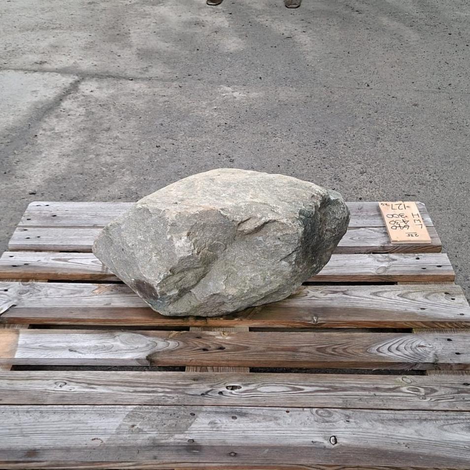 Side view of a garden boulder, resting on a wooden pallet.
