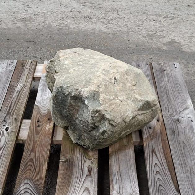 A garden boulder with a rough, textured surface sits on a wooden pallet.