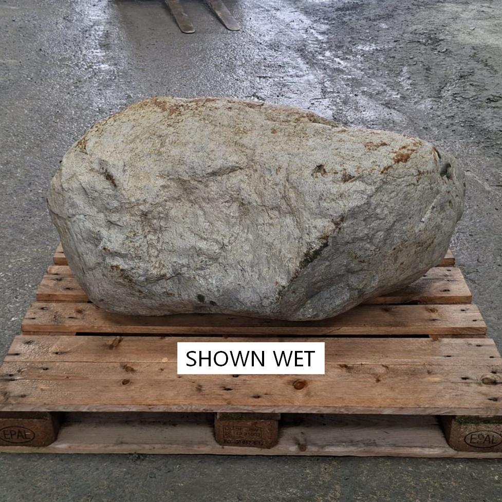 A large irregular wet stone or boulder placed on a wooden pallet, with a label reading “Shown Wet.”.