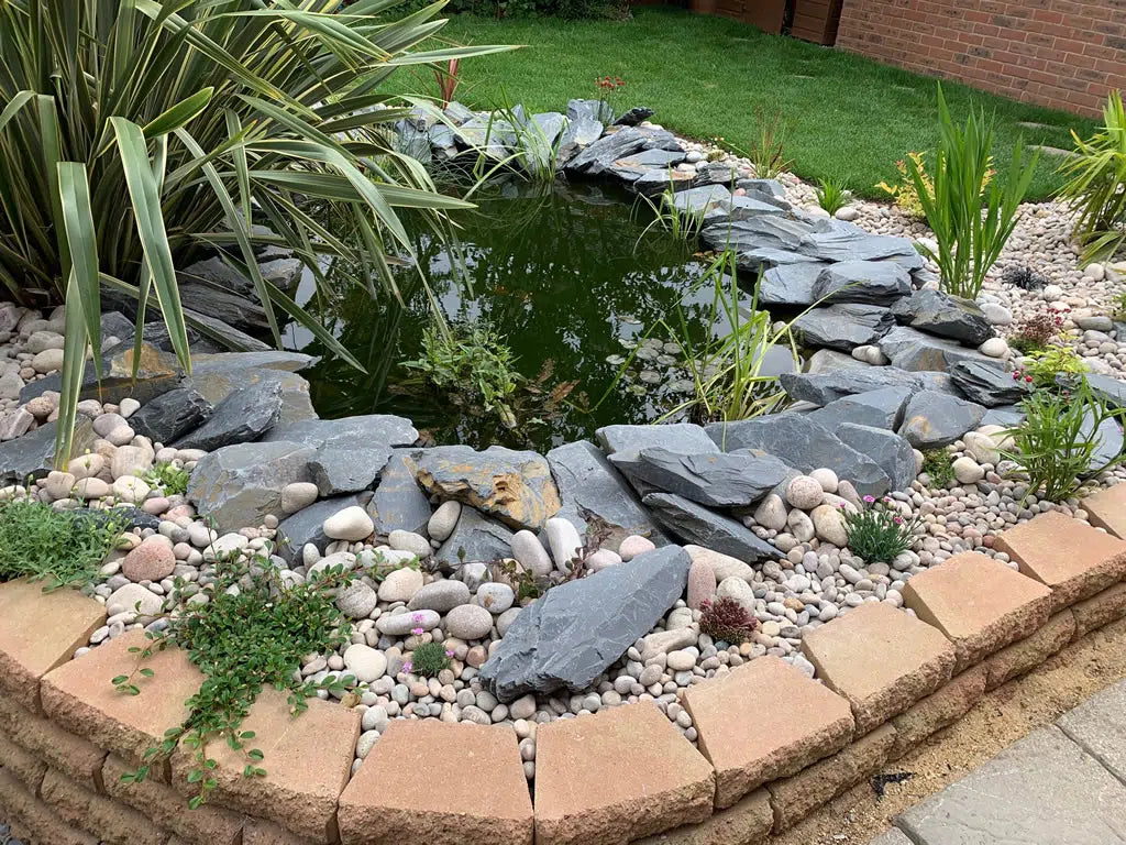 Welsh slate pond edging stones around a garden pond with tropical planting and water plants